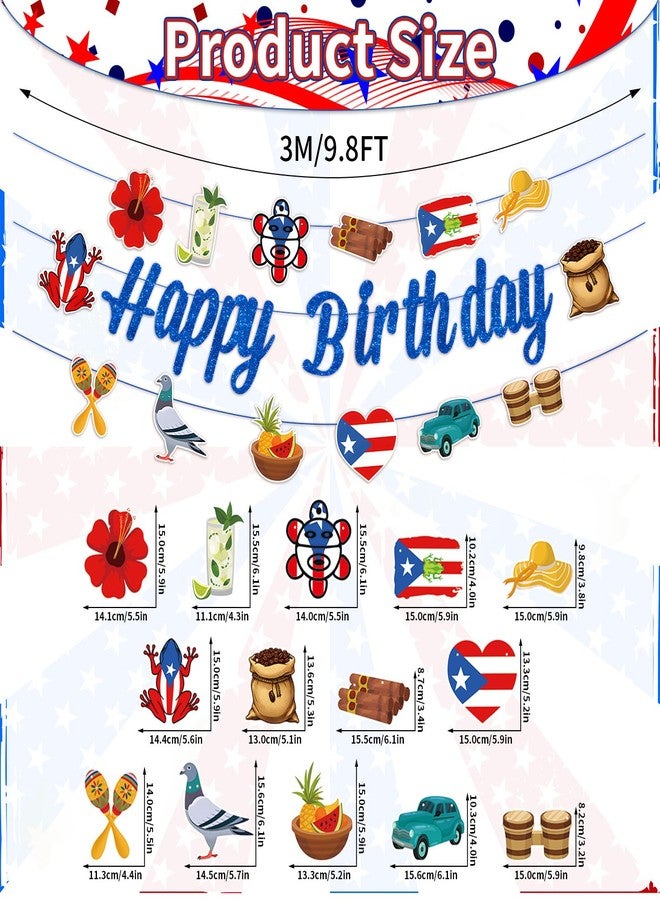 Geodurn Puerto Rico Happy Birthday Banner with Island Symbols - Pre-Strung Boricua Theme Garland with Flag, Coquí Frog, Coffee, and Tropical Design - Puerto Rican Fiesta Party Decorations - Image 2